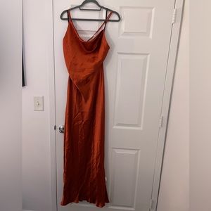 Rust colored cowl neck satin midi dress